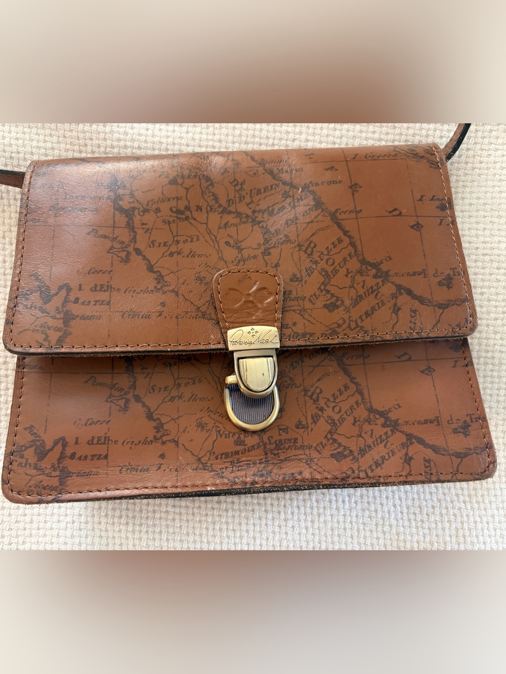 Patricia Nash Brown Map-Print Leather Crossbody with Gold Hardware